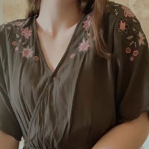 army green floral embroidered dress